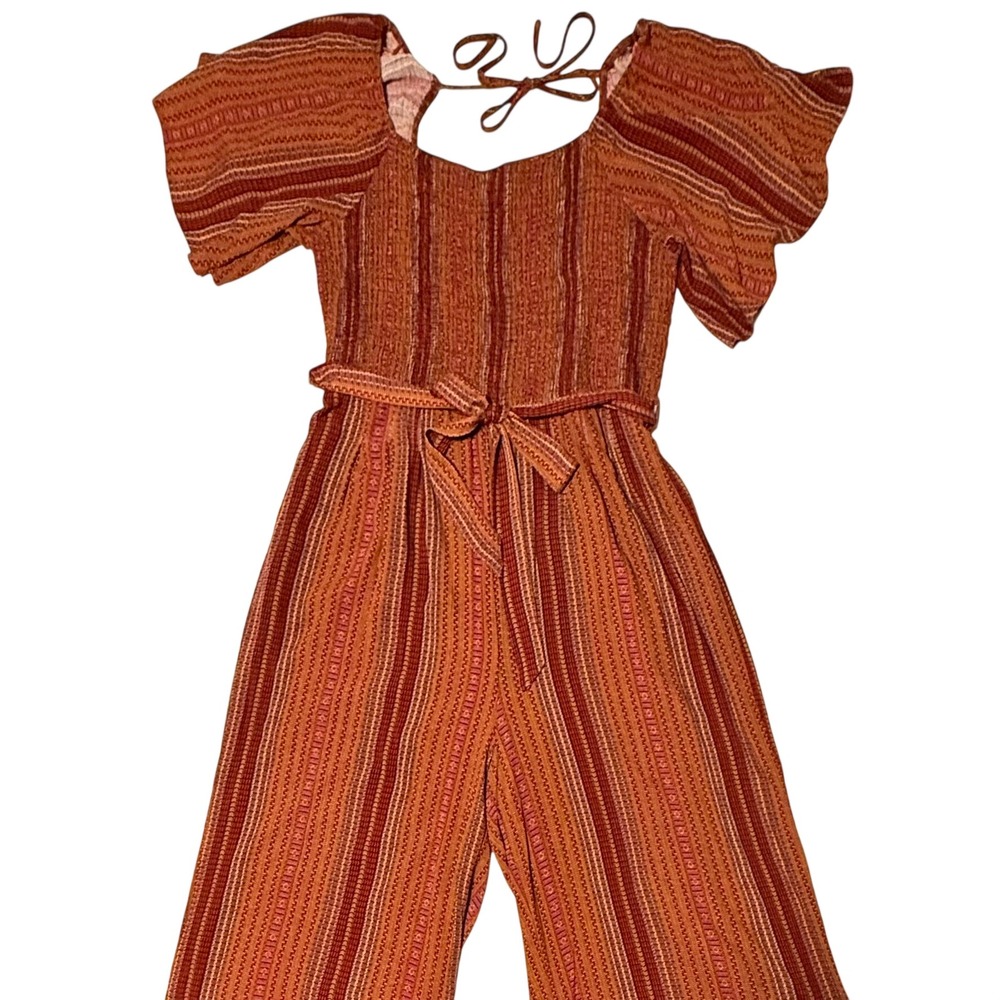 Piper & Scoot Rust Brown Red Striped Smocked Wide Leg Jumpsuit XXL Cropped